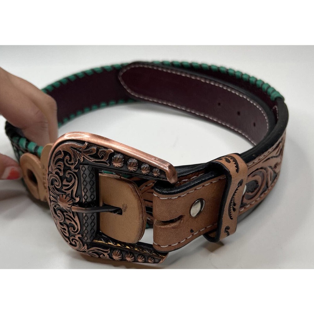 NWT Rafter Ranch Company Embellished Leather Belt Small (32) Men’s Brown Green